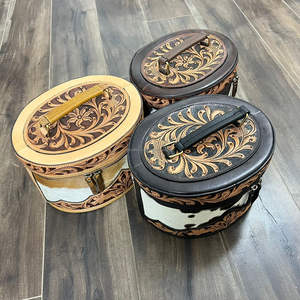 High Quality Designer Hand Tooled Cowhide Leather <b>Makeup</b> Bag Oval Vanity Case Women's Jewelry Box Western Style Travel Organizer - Product Image 4