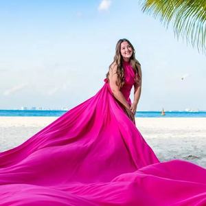 Vestido largo de satén volador con cuello Halter personalizado de alta calidad para sesión de fotos Santorini Flowy Flying Dress para mujer - Product Image 3