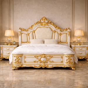 Juego de Muebles de Dormitorio de Lujo Moderno, Estilo Barroco, con Detalles en Hoja de Oro, Cama de Tamaño Completo, Mesitas de Noche, Madera de Teca Resistente, Hecho en EE. UU. - Product Image 4