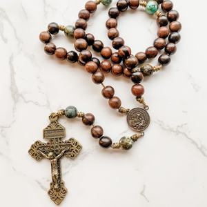 Cadeau religieux catholique, chapelet en jaspe breccié rouge avec médaille miraculeuse en bronze et crucifix - Product Image 2