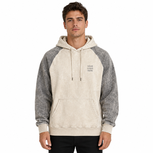 Sweat à capuche pour homme en molleton 100% coton respirant, avec empiècements bicolores aux manches, effet délavé, vente en gros OEM ODM - Product Image 3