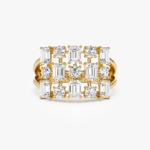 Moissanite <b>Emerald</b> & Round Cut Diamond Three Row Band <b>Ring</b> For Gold Plated Original 925 <b>Silver</b> Fine Modern Jewelry For Wedding - Product Image 1