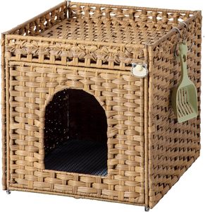 Caja de arena de lujo oculta con tapete, valla de ratán tejida a mano, casa cuadrada para gatos, dos ganchos en forma de S, para sala de estar, 18.5x20.5x19.1 - Product Image 1