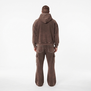 Conjunto Deportivo para Hombre con Capucha, Color Marrón Lavado al Ácido, Sudadera y Pantalón de Manga Larga, Logotipo Frontal Personalizado Bordado, Fabricación al Por Mayor - Product Image 6