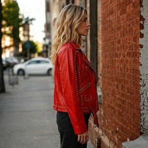 <b>Red</b> Genuine Leather Studded Biker <b>Jacket</b>, Silver Hardware Moto Coat - Product Image 6