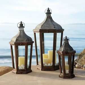 Set of Two <b>Rustic</b> Metal Glass Lanterns Hexagonal Frame Distressed Brown Finish Candle Holders with Hinged <b>Door</b> and Handle - Product Image 3