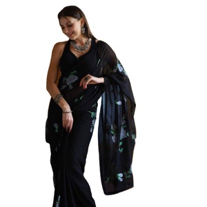 Hermosos saris de seda para adultos con huella de mano y Zari dorado con borde Chikankari en colores a juego - Product Image 2