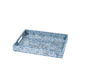 Plateau élégant en nacre, mosaïque rectangulaire bleu foncé à motif damier, plateau décoratif avec poignées robustes pour table. - Product Image 1