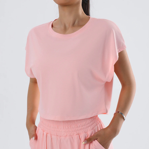 Haut court noir pour femme, à manches courtes, col rond, coupe ample, décontracté, en tricot, couleur unie, respirant, printemps-été - Product Image 2