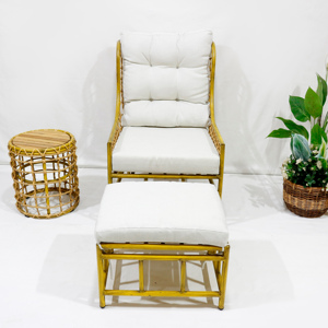 Natural <b>Rattan</b> Armchair Ottoman Set Cushions Teak Top Side Table Outdoor Eco-Friendly Durable Living Room Furniture - Product Image 4