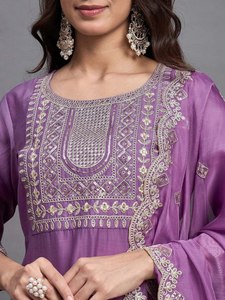 Purple Silk <b>Kurta</b> Pant Set with Embroidery Work and Dupatta for Women Traditional <b>Indian</b> Pakistani Wear - Product Image 4