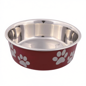 Cuenco para mascotas de acero inoxidable, 2,2 l, 23 cm, rojo con estampado de huellas, comedero para perros y gatos - Product Image 3