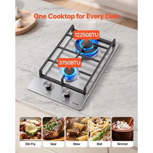 Piano Cottura a Gas Incasso a 2 Fuochi in Acciaio Inox, 12 Pollici, Max 12250 BTU, Convertibile GPL/Gas Naturale, Doppio Combustibile - Product Image 3