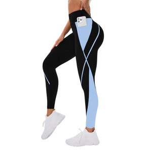 Leggings de yoga pour femmes, color block, en Spandex/Nylon tricoté, avec poche latérale, extensibles, pour entraînement, fitness, course à pied, gym, longueur cheville, actifs - Product Image 4