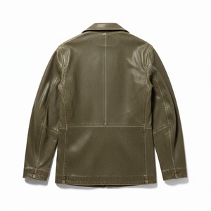 Men's Genuine Leather <b>Jacket</b> Stand Collar Workwear Style Olive Green Four Pockets Regular Fit Autumn <b>Winter</b> <b>Waterproof</b> Windproof - Product Image 2