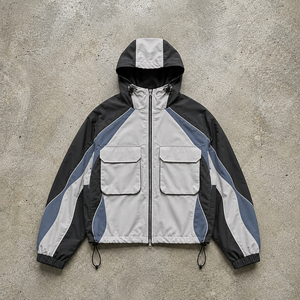 Men's Hooded Color Blocking <b>Racer</b> <b>Jacket</b> Windproof Sporty Style Polyester Zipper Closure Autumn Wear - Product Image 4