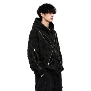Sudadera con capucha extragrande de punto desgastado 100% algodón para hombre, con cremallera en la manga y bolsillo lateral, estilo casual urbano - Product Image 3
