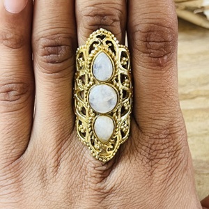 Hot Selling Trendy Vintage Filigree Moonstone Bezel Setting Three Stone <b>Ring</b> Boho Brass Women 18K Gold Plated <b>Chunky</b> Statement - Product Image 4