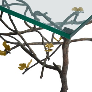 Saleem international 2026 Luxury Upholstered table with Gold Metal Ginkgo <b>Leaf</b> Base Decorative Entryway or Bedroom Seating - Product Image 3