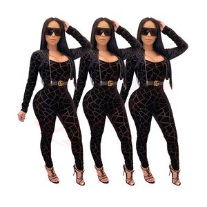 Ensemble de velours femme 2 pièces automne à manches longues Patchwork haut court taille haute-Leggings maigres ensemble de mode de gymnastique - Product Image 1