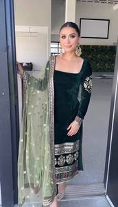 Indian Pakistani Traditional Women's Pure Velvet Patiyala Kurta Set Embroidered Sleeves Cotton Inner Stitched Pant Butterfly Net - Product Image 4