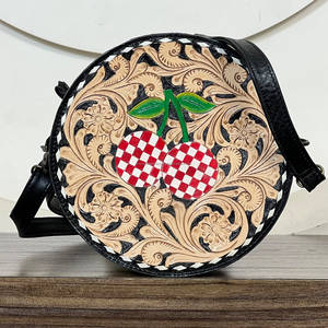 Bolso de Mano Redondo de Cuero Genuino Hecho a Mano 2026 con Diseño a Cuadros de Cereza y Flores, Bolsos Cruzados de Hombro para Mujer - Product Image 2