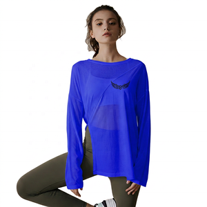 Camiseta de Yoga Holgada de Manga Larga para Mujer, Color Verde Sólido, Cuello Transpirable, Logotipo Bordado en la Parte Delantera, Ajuste de Spandex y Poliéster - Product Image 5