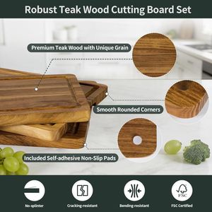 Set di 3 Taglieri in Legno di Teak Massiccio per Cucina con Scanalatura Profonda per Succhi e Supporto per Tagliere - Product Image 5