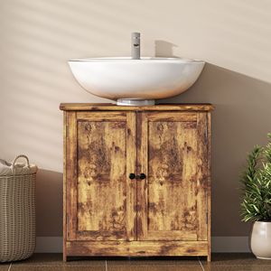Mobile Bagno Rustico Marrone in Legno Massello con 2 Ante e Ripiano Regolabile, Installazione a Pavimento - Product Image 6