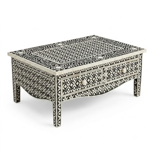 Mesa de Centro Redonda de Lujo Hecha a Mano con Incrustaciones de Hueso Azul Marino y Base de Pedestal de Latón Dorado Cepillado para Sala de Estar Moderna - Product Image 5