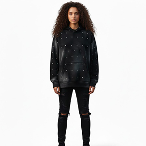Sweat à capuche en molleton délavé avec strass, personnalisable en gros (ODM), 100% coton, tissu de qualité supérieure pour un style décontracté urbain, unisexe - Product Image 6