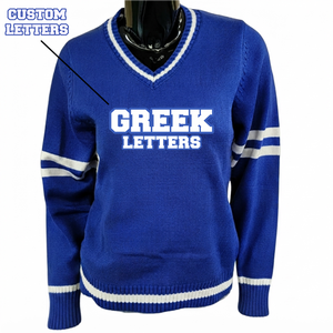 Women's 100% Cotton Blue Knitted V Neck Cardigan White Stripes <b>Custom</b> Greek Letters Applique Vintage Preppy Style Long Sleeve - Product Image 1
