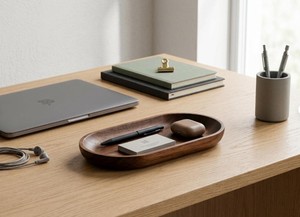 Organisateur de bureau en bois de noyer de qualité supérieure, plateau ovale en bois pour clés, pièces de monnaie, stylos, accessoires de bureau minimalistes pour le rangement - Product Image 3