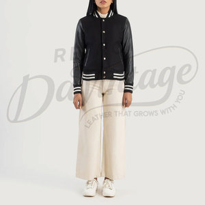 Women Varsity Letterman <b>Jacket</b> Black Wool Body with Black Real <b>Leather</b> Sleeves Slim Fit Premium Classic Baseball Casual College - Product Image 4