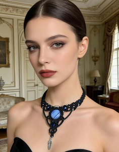 Handmade Macrame Blue Stone Choker <b>Necklace</b> Black Cord Boho <b>Statement</b> Pendant Feather Charm Adjustable Jewelry - Product Image 2