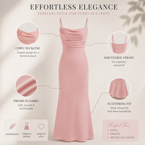 Vestido midi elegante de satén rosa con cuello drapeado para mujer |   Vestido de Fiesta Ajustado con Tirantes Ajustables, Estilo Vintage, Línea A, para Eventos, Cócteles, Bodas - Product Image 5