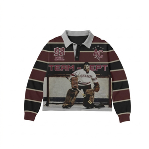men's long sleeve polo <b>shirt</b> hockey print polo <b>shirt</b> hockey photo print <b>shirt</b> maroon black striped polo men's casual polo <b>shirt</b> - Product Image 1