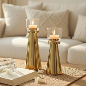 Gold Noir Glow Candlestick Holder Set With Glass <b>Cup</b> Heat Resistant Home Decoration 31cm And 25.5cm - Product Image 4