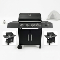 Barbecue à gaz propane d'extérieur sur chariot avec quatre brûleurs principaux, cuisinière latérale, armoire de rangement et étagères de préparation