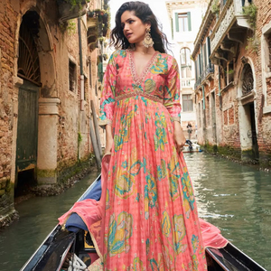 ชุดอานาร์กาลีสำเร็จรูปผ้าไหมชิโนน ตกแต่งด้วยงานปัก สำหรับผู้หญิง ความยาวระดับพื้น เหมาะสำหรับงานแต่งงาน งานดิวาลี และงานพรอม - Product Image 1