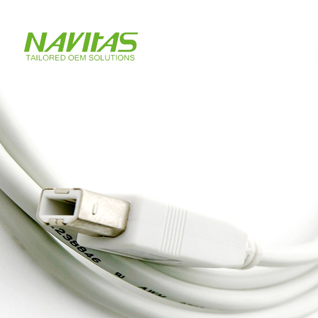 Navitas Custom USB 2.0 a to B Male White PVC Insulation RoHS for UL2725 IP20 Rated Charging Data Cable Assembly