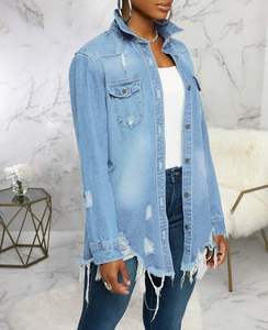 Top Quality LongDenim <b>Jacket</b> for Women Long Sleeve Classic Distressed <b>Trucker</b> Jean <b>Jackets</b> Low Price Women Denim <b>Jacket</b> - Product Image 4