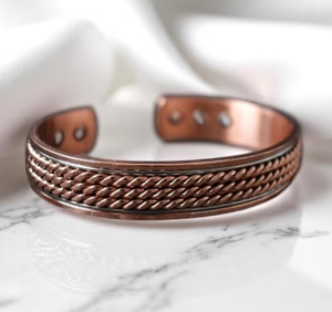 Premium Pure Copper Hand Forged Vintage Twisted Rope Wire Inlay Magnetic Cuff Bangle Adjustable Open Flat Wristband - Product Image 3