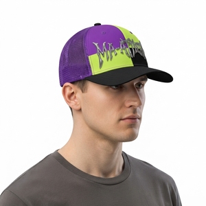 Men's <b>Purple</b> Lime Green Trucker Cap Custom Embroidered Logo Mesh Back Baseball <b>Hat</b> Adjustable Two Tone Streetwear - Product Image 2