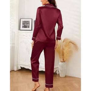 Fournisseur en gros de vêtements de nuit pour femmes personnalisés, respirants, 100% soie, col en V, chemise à manches longues en soie douce, pantalon, couleur saisonnière - Product Image 5