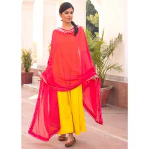 Robe Kesariya Gulab jaune vif avec dupatta en Gota, respirante, taille XS, élément de mode couleur contrastée, taille naturelle, coupe trapèze, pour le quotidien - Product Image 6