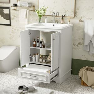 Mobile Bagno Moderno Freestanding da 24 Pollici con Lavabo in Ceramica, Mobiletto Contenitore con Chiusura Ammortizzata e Maniglie Argento - Product Image 2