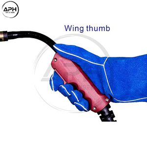 Guantes de soldadura de cuero azul sólido, de dedo completo y muñeca larga, con panel de palma y pulgar de doble capa, para uso industrial personalizado. - Product Image 6
