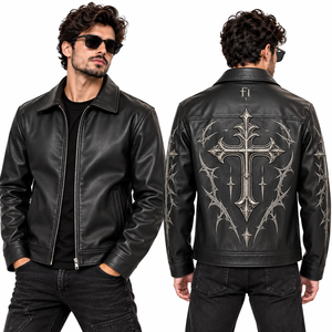Veste en cuir PU pour homme, style streetwear vintage, imprimé croix métallique, impression DTG, mode Y2K, vente en gros OEM - Product Image 4