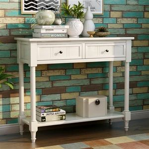Consolle Tradizionale in Teak Bianco Avorio con Due Cassetti e Ripiano Inferiore per Ingresso o Appartamento, Tavolino Laterale per Arredamento Casa - Product Image 1